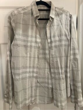 Burberry Light Gray and White Plaid Long-Sleeve Dress Shirt
